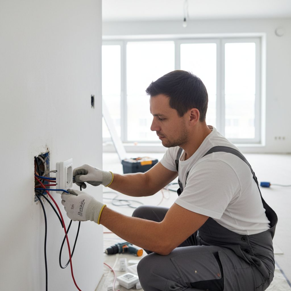 Elektryk montujący gniazdko elektryczne w ścianie