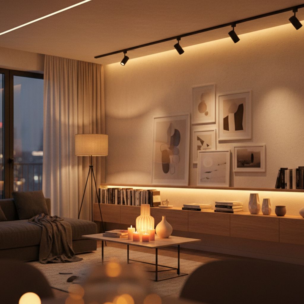 Nowoczesny salon z nastrojowym oświetleniem LED