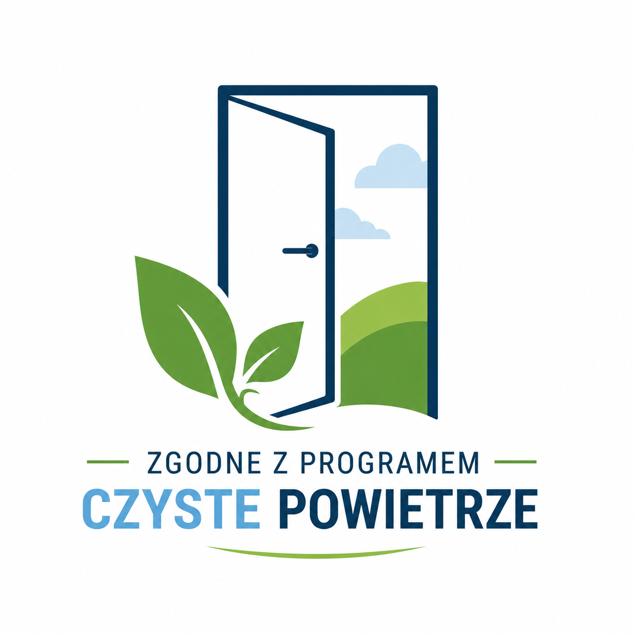 Logo with an open blue door, green leaves, and a landscape, representing the Polish Clean Air program Czyste Powietrze.