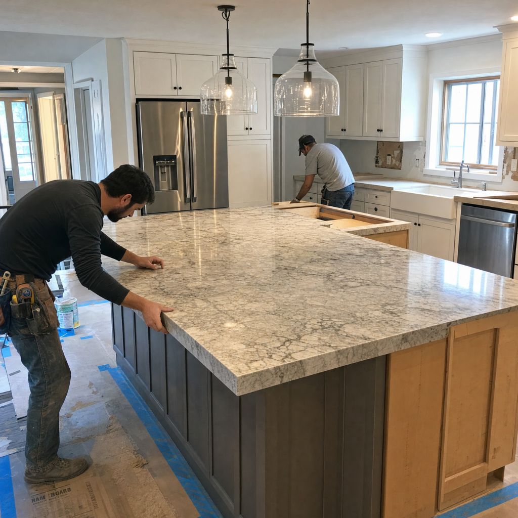 Two construction workers install a large marble kitchen island with dark gray cabinets in a bright, modern kitchen.