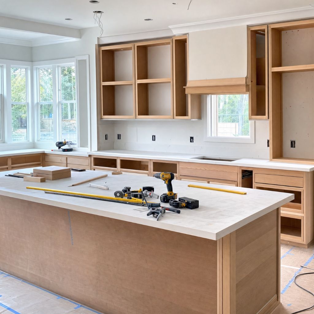 Kitchen under construction with unfinished wooden cabinets, a large island, and hand tools on the surface.