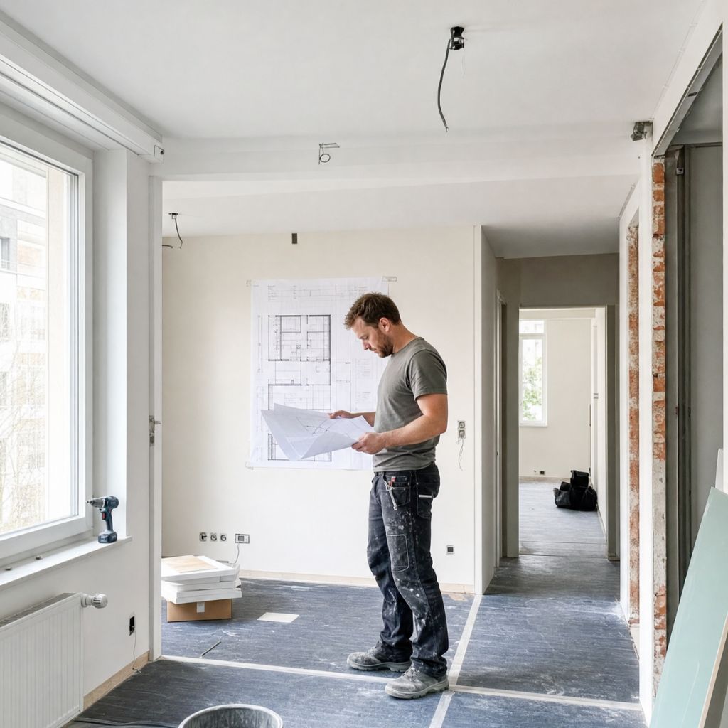 Construction worker stands in an unfinished room, reviewing blueprints sprawled across a wall.