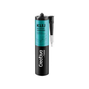 Creativ glue cartridge with teal label and attached nozzle, used for joining pieces in furniture and crafts