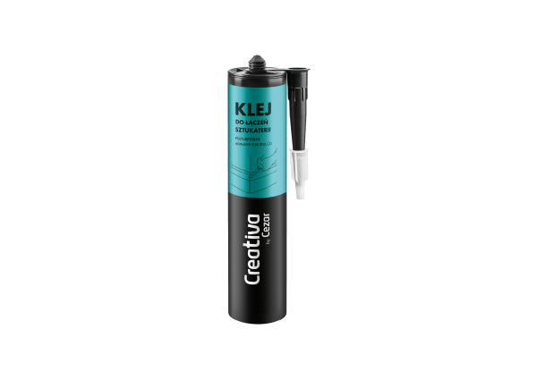 megabudowlany-creativa-klej-do-laczen-c310-300ml-sklep-budowlany - Mega Budowlany Creativ glue cartridge with teal label and attached nozzle, used for joining pieces in furniture and crafts