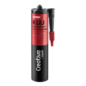 Adhesive cartridge with a red label that says 'KLEJ Montazowy do Sztukaterii' and a red nozzle, branded 'creativ' on a black body.