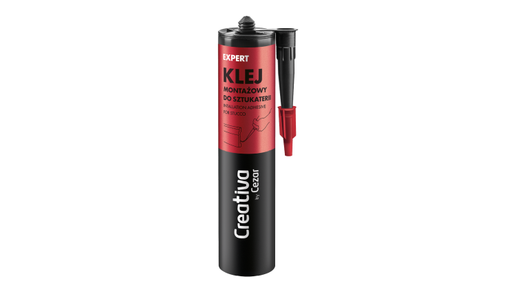 megabudowlany-creativa-klej-montazowy-expert-bialy-290ml-sklep-budowlany - Mega Budowlany Adhesive cartridge with a red label that says 'KLEJ Montazowy do Sztukaterii' and a red nozzle, branded 'creativ' on a black body.