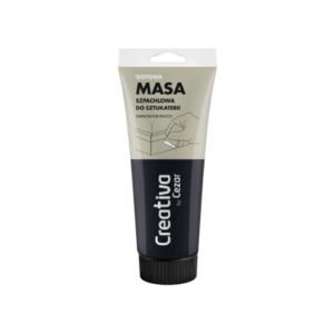 Tube of masa szpachlowa do sztukaterii (plaster patching compound) in beige and navy packaging.”,