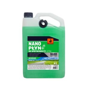 Green 4-liter jug of windshield washer fluid with a black cap and built-in handle, labeled 'Nano Płyn' (summer formula).