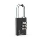 Black three-digit combination padlock with silver dials on a white background