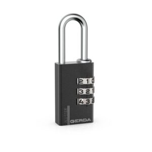 Black three-digit combination padlock with silver dials on a white background