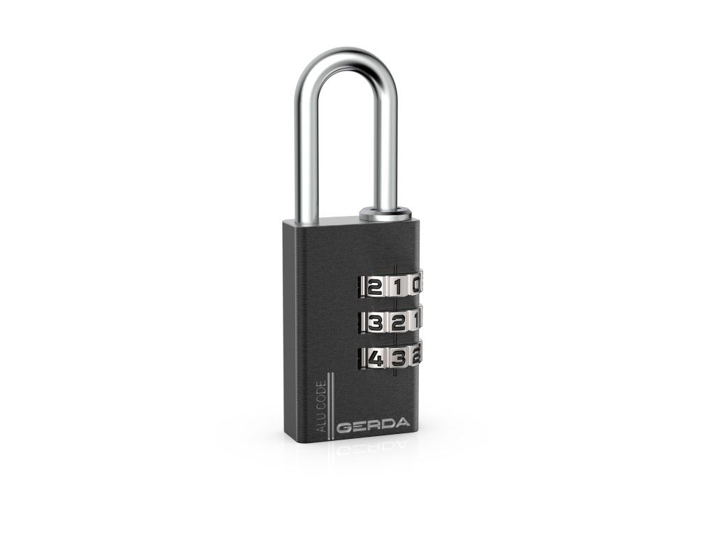 Black three-digit combination padlock with silver dials on a white background