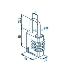Blue technical illustration of a four-dial combination padlock with a U-shaped shackle and numbered wheels, shown with dimension lines.