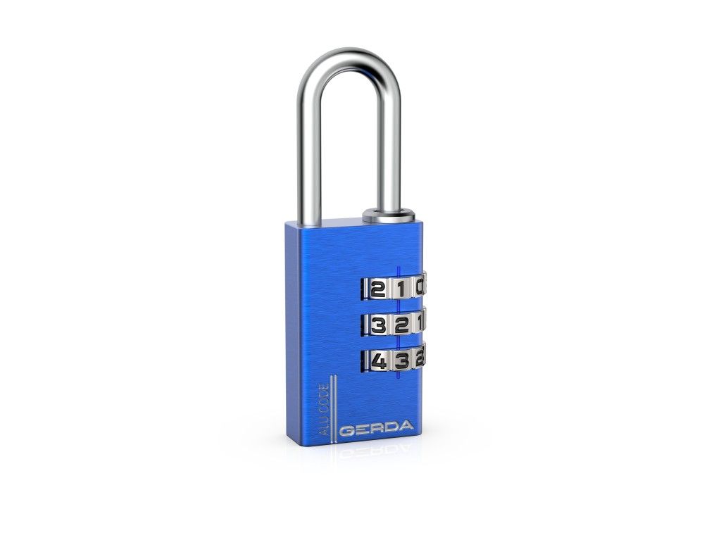 Blue combination padlock with a silver U-shaped shackle and three rotating dials on a white background.