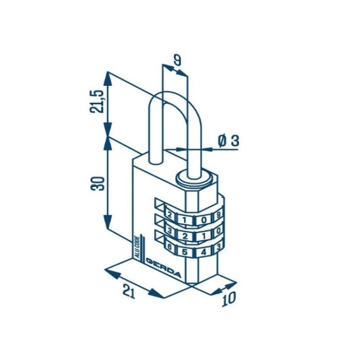 Technical drawing of a four-dial combination padlock with a U-shaped shackle; dimensions labeled 30 cm tall, 21 cm wide, 10 cm deep, and shackle diameter Ø3.