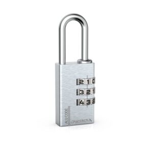 Silver metal combination padlock with three rotating dials showing 2-1, 3-2, 4-3 on a white background
