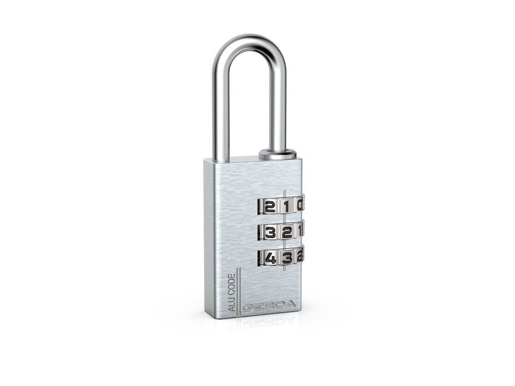 Silver metal combination padlock with three rotating dials showing 2-1, 3-2, 4-3 on a white background