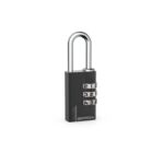 Three-dial combination padlock with a silver U-shaped shackle on a black body, branded by GERDA