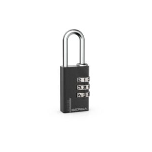 Three-dial combination padlock with a silver U-shaped shackle on a black body, branded by GERDA