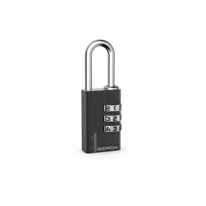 Three-dial combination padlock with a silver U-shaped shackle on a black body, branded by GERDA