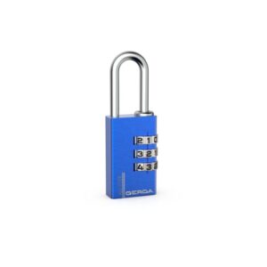 Blue four-dial combination padlock with a silver U-shaped shackle.