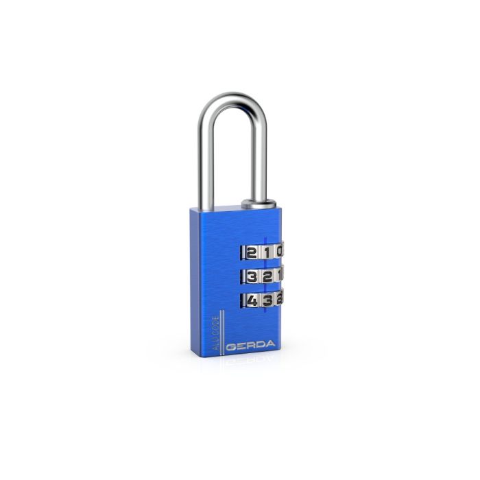 Blue four-dial combination padlock with a silver U-shaped shackle.