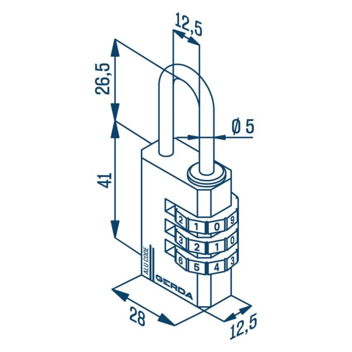 Isometric illustration of a multi-dial combination padlock on a rectangular base, showing dimensions (width 28, depth 12.5, height 41) and a 'GERDA' logo on the base.