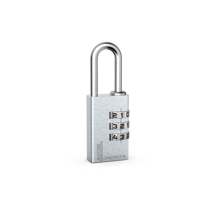 Silver three-dial combination padlock on a white background, standing upright.