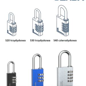 Gallery of Gerda combination padlocks: top row shows line-drawn S20, S30, and S40 models; bottom row shows black, blue, and silver physical padlocks with dials.