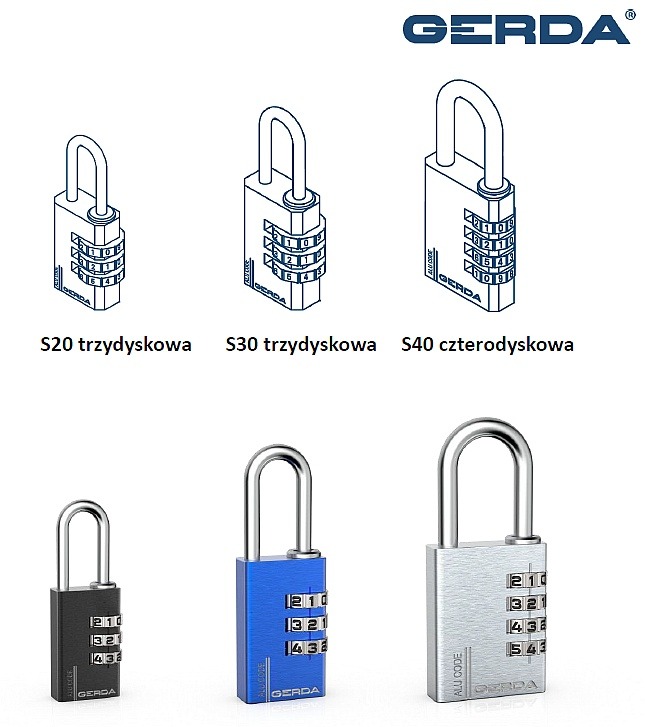 Gallery of Gerda combination padlocks: top row shows line-drawn S20, S30, and S40 models; bottom row shows black, blue, and silver physical padlocks with dials.