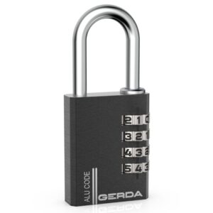 Metal four-dial combination padlock with a chrome U-shaped shackle and the brand name Gerda on a dark body. Used to secure lockers or gates by entering a numeric code at the dials.