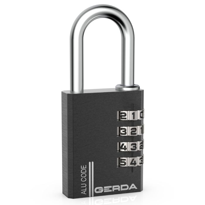 Metal four-dial combination padlock with a chrome U-shaped shackle and the brand name Gerda on a dark body. Used to secure lockers or gates by entering a numeric code at the dials.