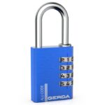 Blue combination padlock with numeric dials set to 2-1-0, labeled ALU CODE and GERDA on the body