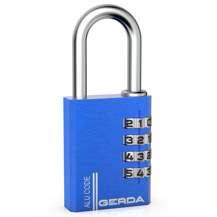 Blue combination padlock with numeric dials set to 2-1-0, labeled ALU CODE and GERDA on the body