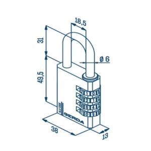 Isometric diagram of a combination padlock with a U-shaped shackle; front shows numeric dials and dimension labels (38 x 13 x 49.5 mm, Ø6).