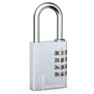 Metal combination padlock with four rotating numeric dials on a brushed silver body