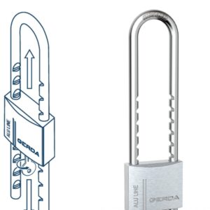 Cross‑section schematic of a Gerda ALULINE padlock on the left and a real silver ALULINE padlock on the right, showing internal bolt mechanism and tall U‑shaped shackle.