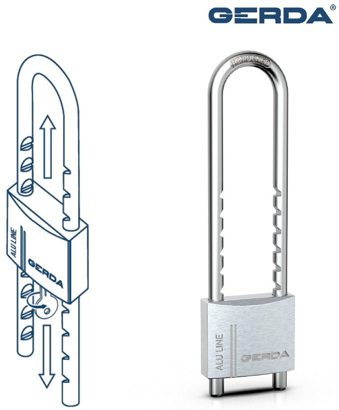 Cross‑section schematic of a Gerda ALULINE padlock on the left and a real silver ALULINE padlock on the right, showing internal bolt mechanism and tall U‑shaped shackle.