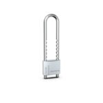 Silver padlock with a U-shaped shackle and a rectangular textured body, standing upright on a white background.