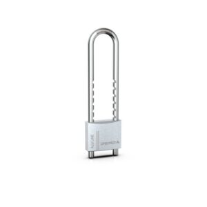 Silver padlock with a U-shaped shackle and a rectangular textured body, standing upright on a white background.