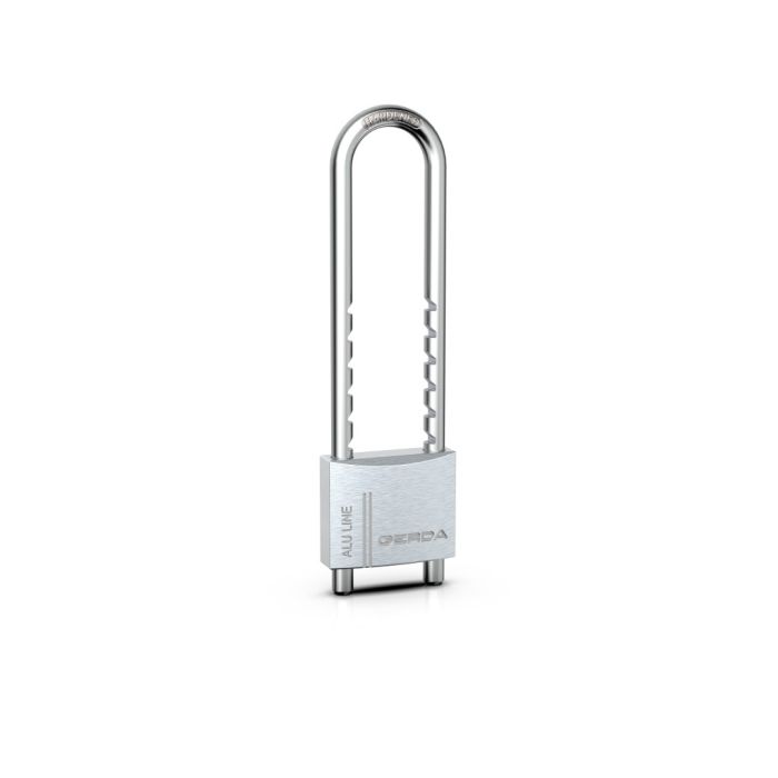 Silver padlock with a U-shaped shackle and a rectangular textured body, standing upright on a white background.