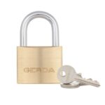 Brass padlock with a silver shackle and two keys on a white background, representing security.