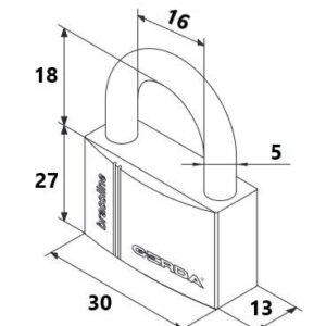 Isometric diagram of a padlock with a curved shackle, showing labeled dimensions: length 30, width 13, height 27, shackle height 18, inner clearance 16, and offset 5.