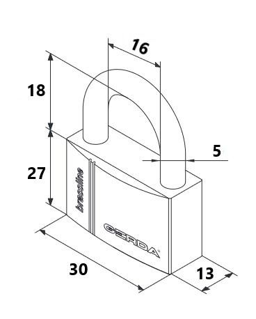 Isometric diagram of a padlock with a curved shackle, showing labeled dimensions: length 30, width 13, height 27, shackle height 18, inner clearance 16, and offset 5.