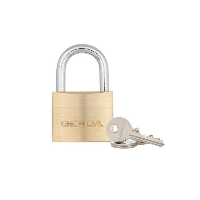 Brass padlock with two keys resting beside it, brand name GERDA visible on the lock body