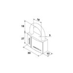 Isometric technical drawing of a padlock with dimension labels: body 30 mm by 13 mm by 27 mm, shackle width 16 mm and thickness 5 mm, overall height 18–27 mm.