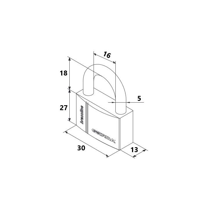 Isometric technical drawing of a padlock with dimension labels: body 30 mm by 13 mm by 27 mm, shackle width 16 mm and thickness 5 mm, overall height 18–27 mm.