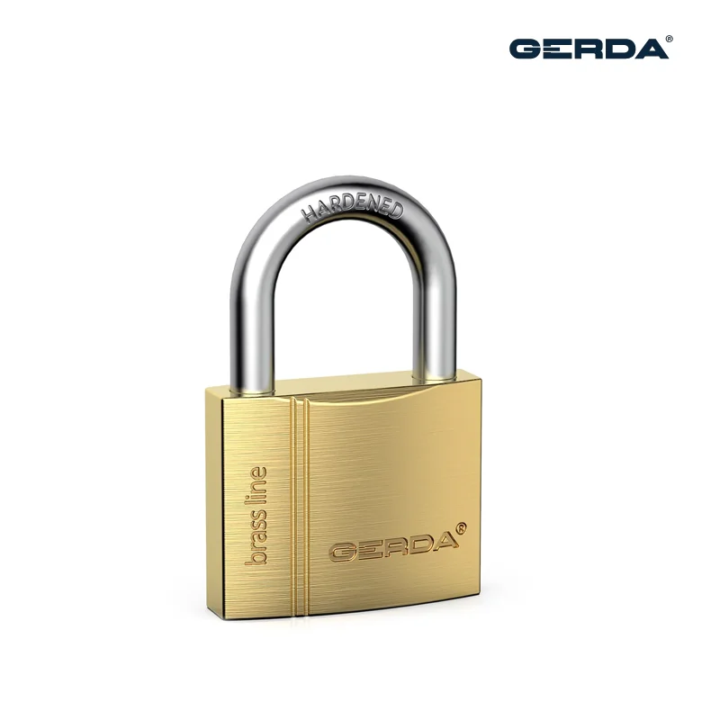 Gold-colored brass padlock with a silver hardened shackle, branded GERDA, shown at a slight angle for a secure-locking impression.
