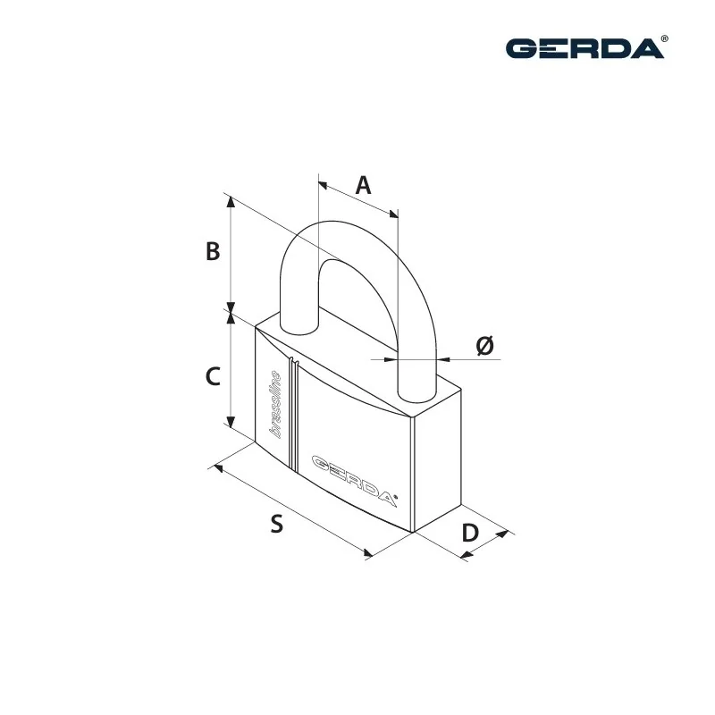 Isometric diagram of a padlock with a curved shackle, showing dimension lines labeled A, B, C, D, S and Ø, with the Gerda logo in the top-right corner.