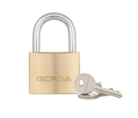 Brass padlock with a silver shackle and two keys beside it on a white background.