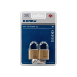 Pair of brass padlocks with two keys in clear packaging, labeled GERDA Brass Line Twins KMZ 30 (30 mm).